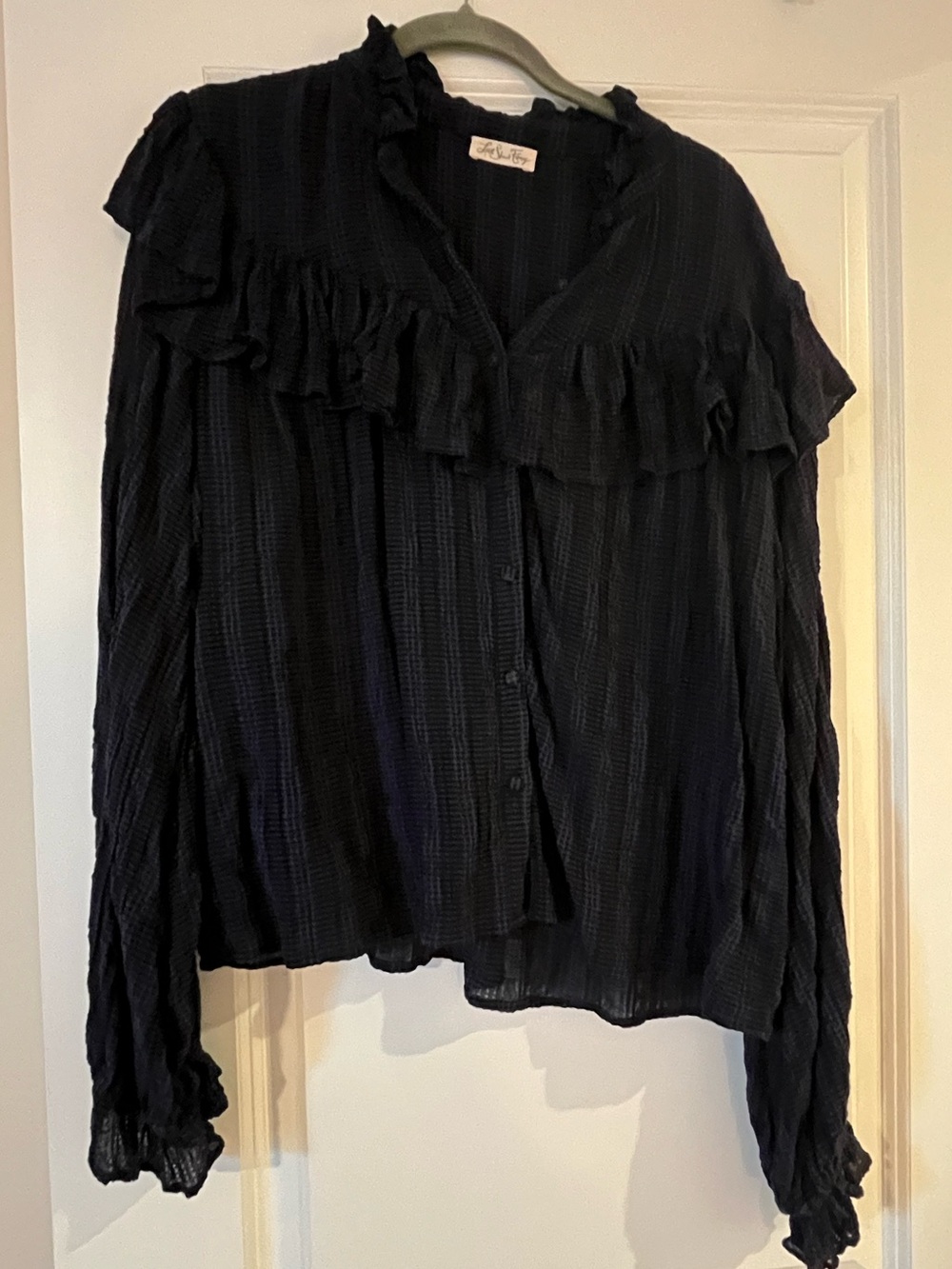LoveShackFancy Navy Textured Ruffled Shirt - Picture 3 of 8